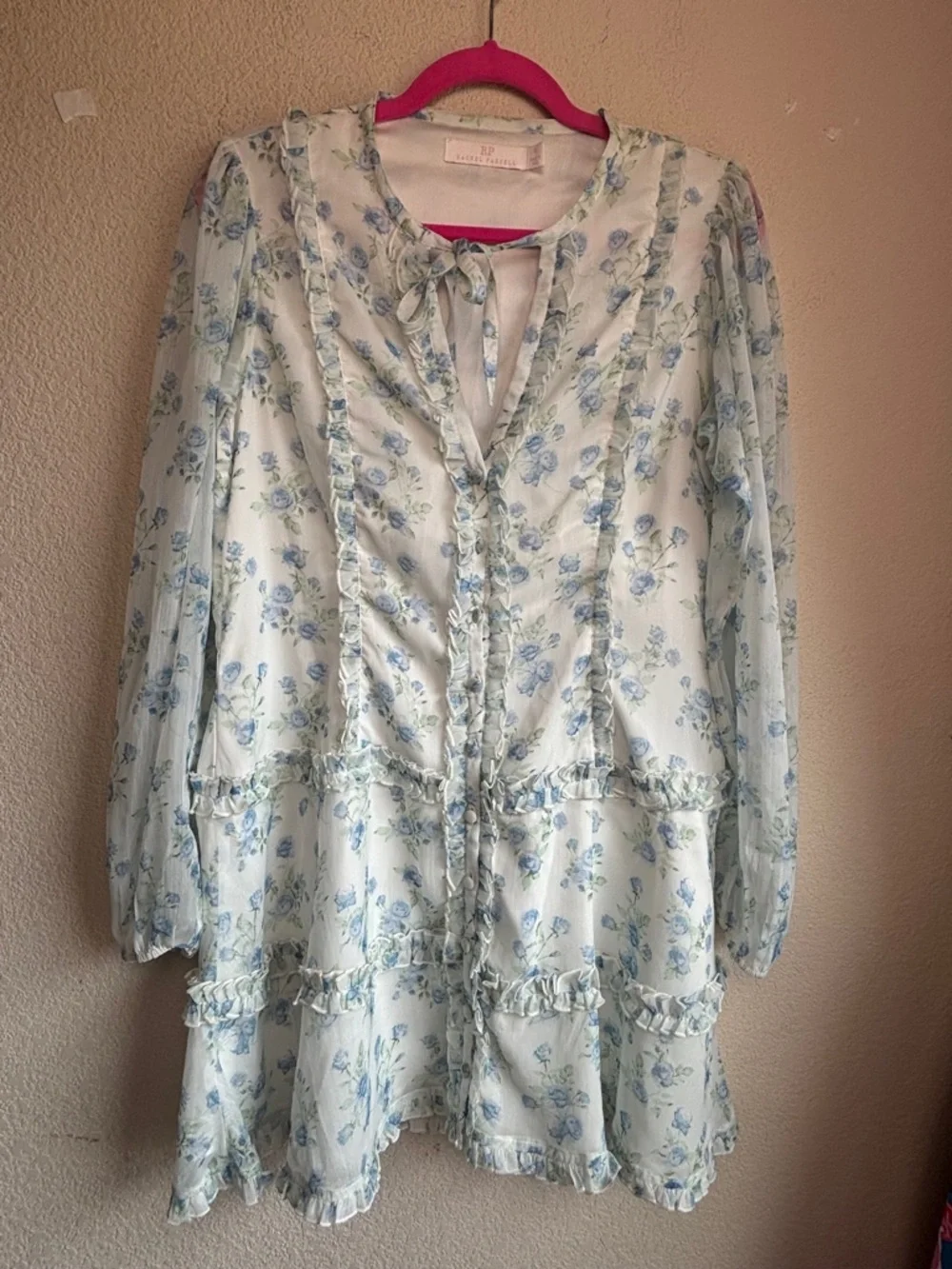 Rachel Parcell White Blue Floral Ruffle Sheer Long Sleeve Mini Dress M